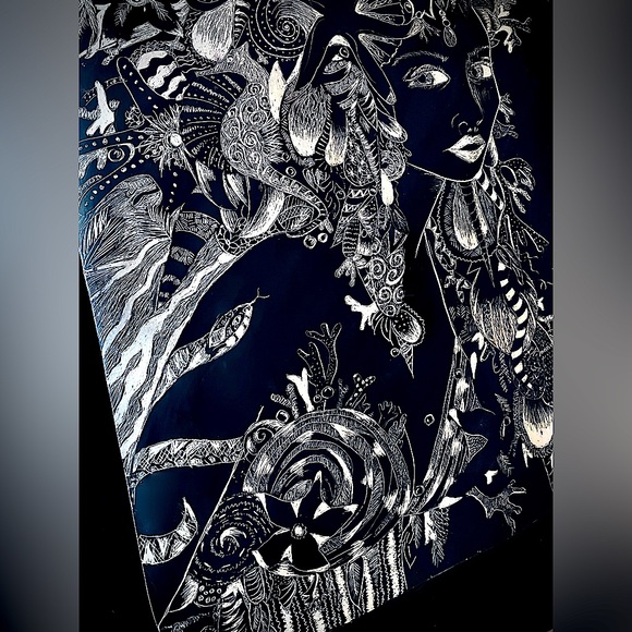 Handmade Black & White Sea Shell Mermaid Ocean Fantasy Scratchboard Artwork - Picture 3 of 10